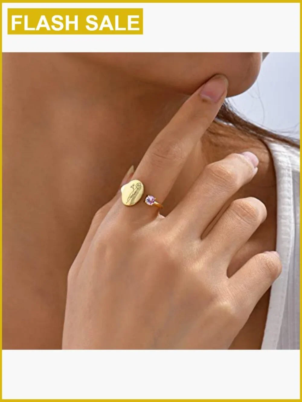 Handmade Birth Flower Signet Ring 14K Gold Plated Adjustable